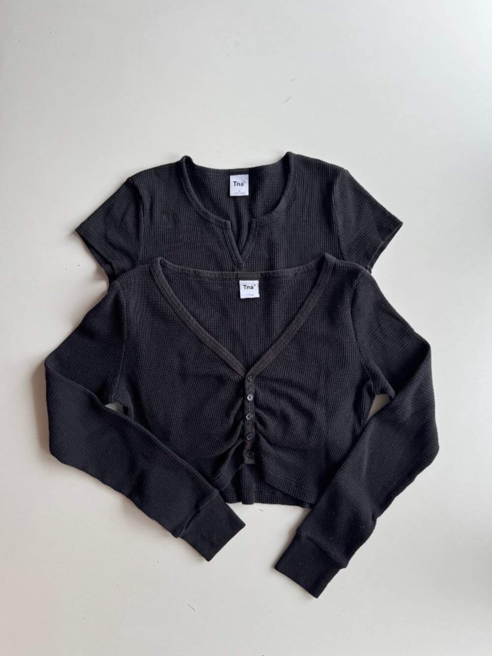 Lot of 2 Aritzia TNA Black Cotton Blend Waffle Thermal T-Shirts, Size S